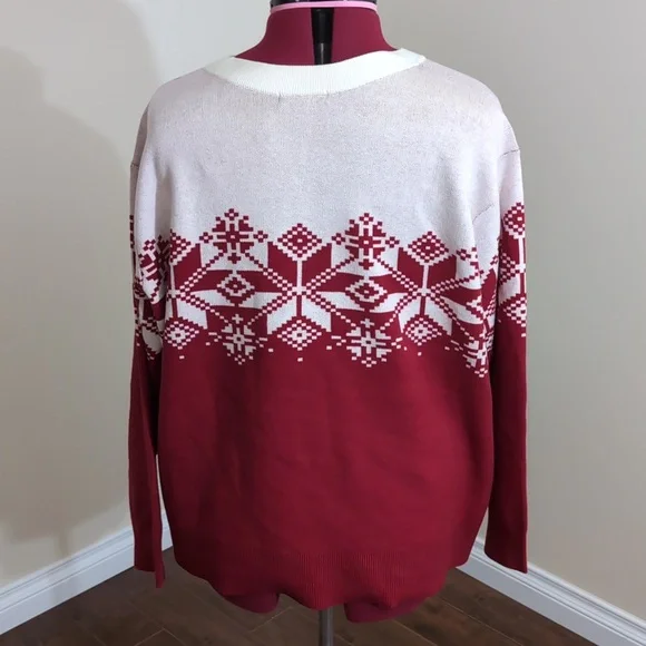 Joe Fresh| NWT Red and White Snow Flake Patterned Long Sleeve Crew Neck Sweater - Picture 4 of 15